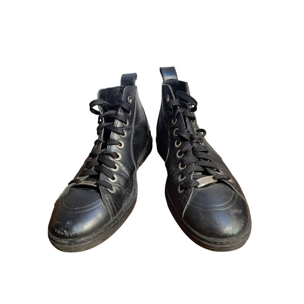 Jimmy Choo Black Leather High Top Sneakers Silver Star Accents Designer Shoes